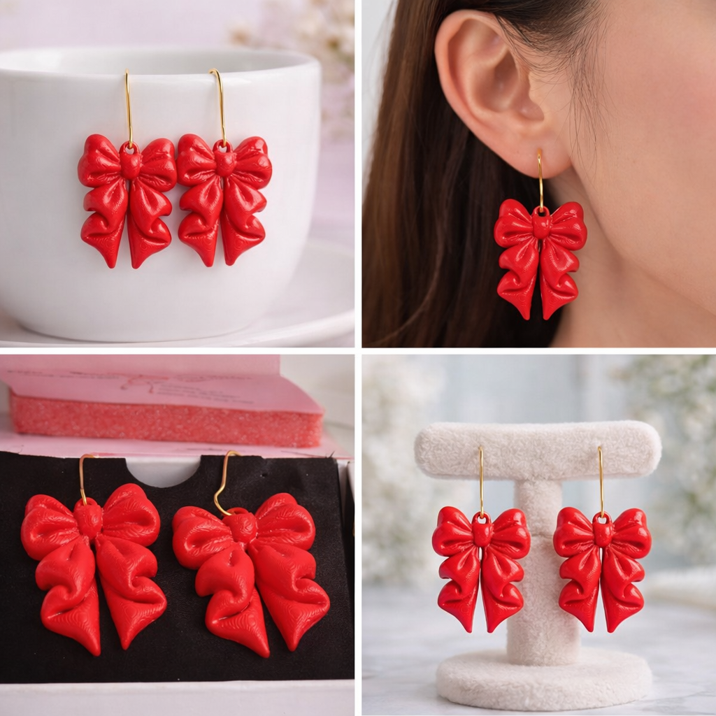 Red Bow Drop Earrings 