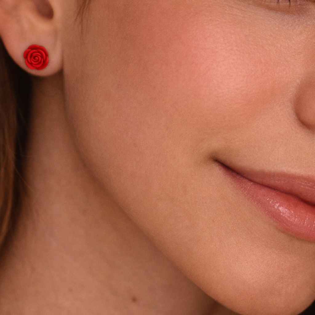 Close-up of a person wearing a red rose earring.